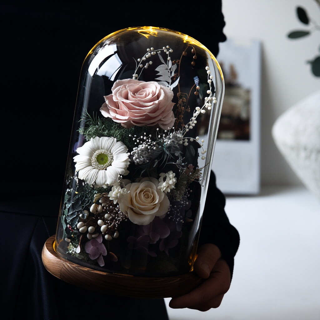 Preserved Rose in Glass Dome with LED Light — Romantic Desktop Ornament Gift Box, Perfect for a Girlfriend's Birthday or Valentine's Day