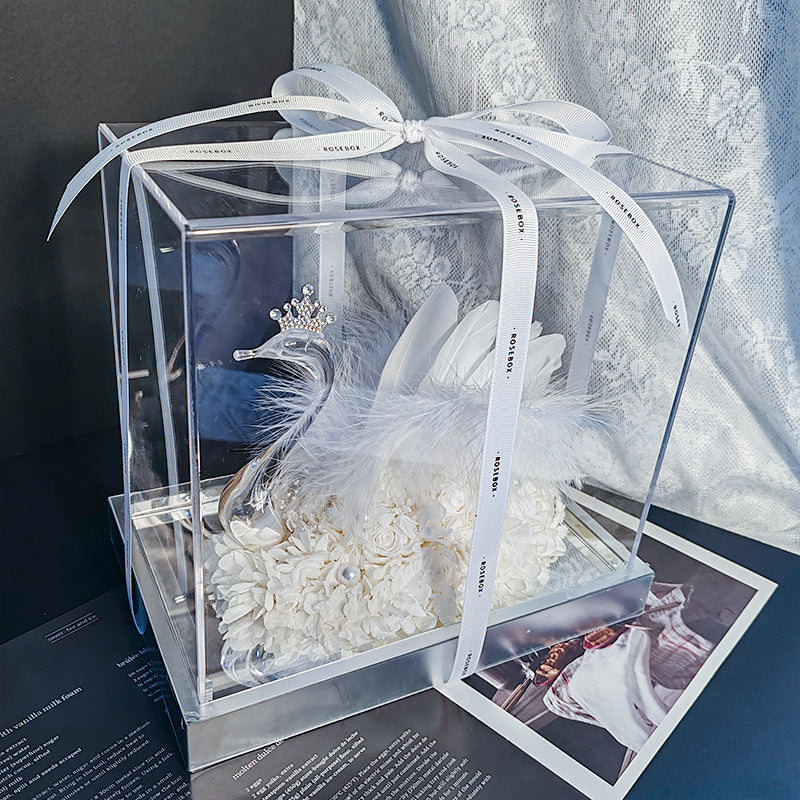 Swan-Shaped Preserved Flower Gift Box with Acrylic Mirror — Valentine's Day & Wedding Decor, Birthday Gift.