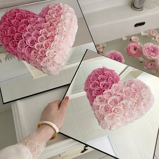 Everlasting Preserved Rose Mirror Heart - Forever Blooming Valentine's Gift for Her, Self-Adhesive Romantic Decor