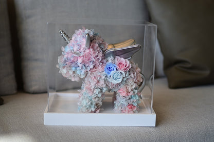 A creatively designed preserved flower cartoon unicorn figurine—a beautiful birthday gift. A surprise gift box for her.
