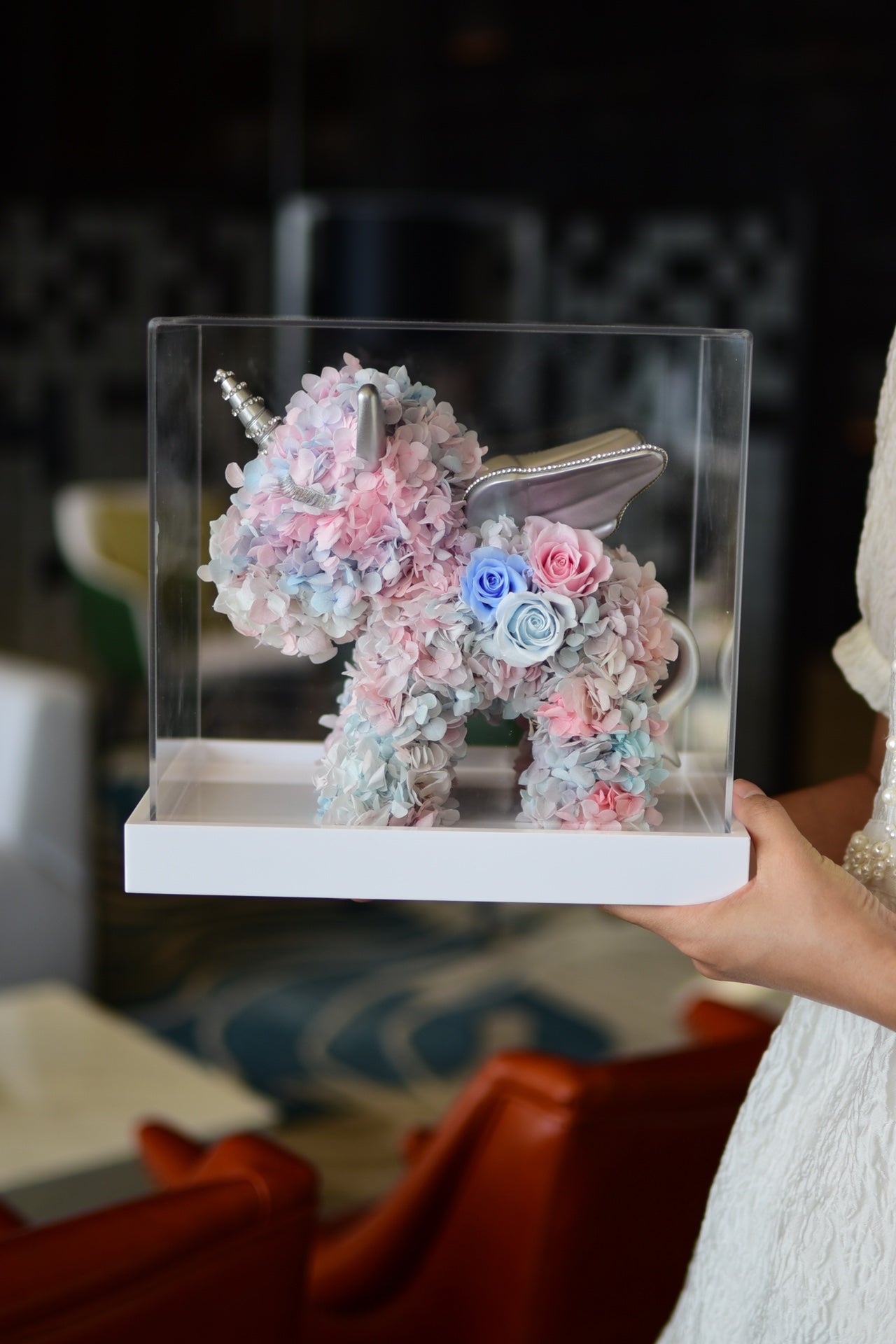 A creatively designed preserved flower cartoon unicorn figurine—a beautiful birthday gift. A surprise gift box for her.