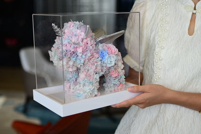 A creatively designed preserved flower cartoon unicorn figurine—a beautiful birthday gift. A surprise gift box for her.