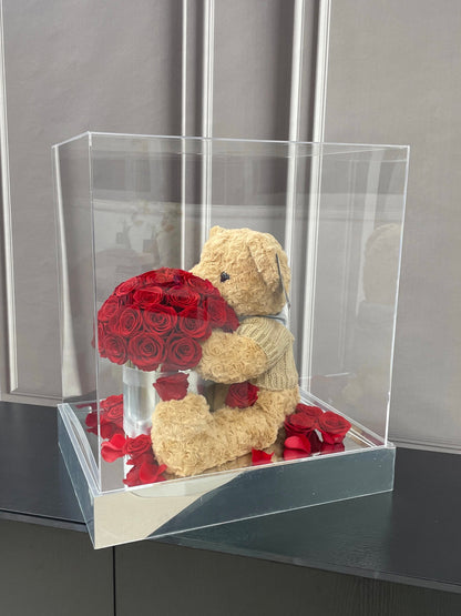 Creative Cartoon Bear Preserved Rose Flower Bucket — Surprise Gift Box; A Perfect Gift for Birthdays and Holidays