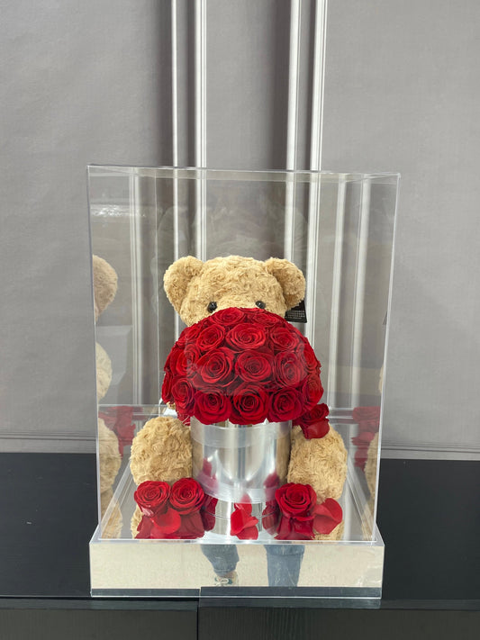 Teddy Bear Preserved Rose Hug Bucket - Everlasting love, timeless gift, ideal for birthdays and "just because" surprises
