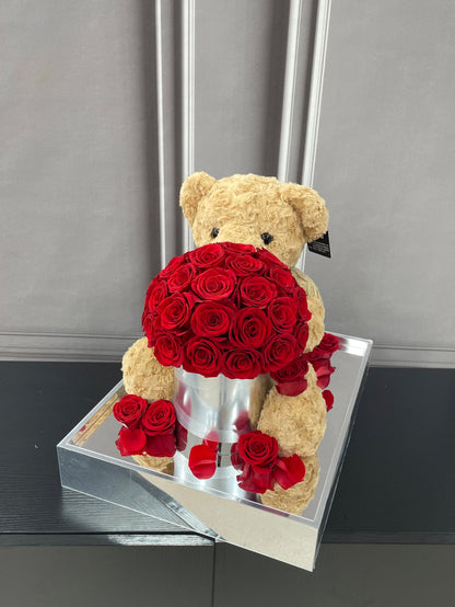 Creative Cartoon Bear Preserved Rose Flower Bucket — Surprise Gift Box; A Perfect Gift for Birthdays and Holidays