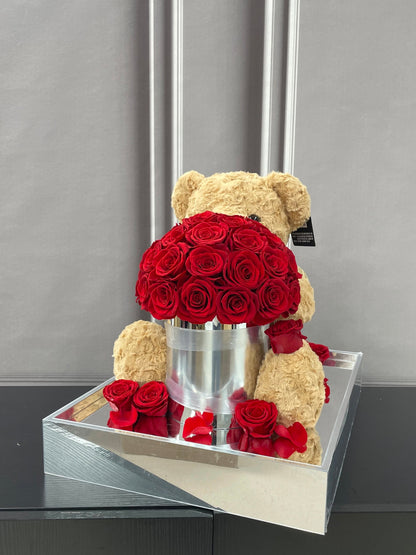 Creative Cartoon Bear Preserved Rose Flower Bucket — Surprise Gift Box; A Perfect Gift for Birthdays and Holidays