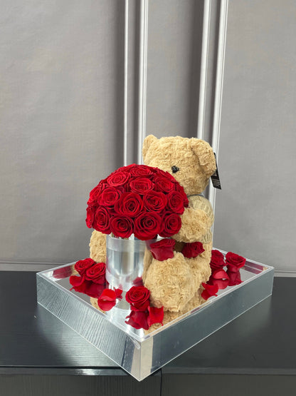 Creative Cartoon Bear Preserved Rose Flower Bucket — Surprise Gift Box; A Perfect Gift for Birthdays and Holidays