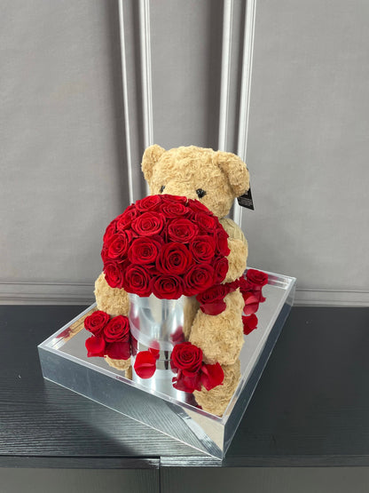 Creative Cartoon Bear Preserved Rose Flower Bucket — Surprise Gift Box; A Perfect Gift for Birthdays and Holidays