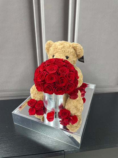 Creative Cartoon Bear Preserved Rose Flower Bucket — Surprise Gift Box; A Perfect Gift for Birthdays and Holidays