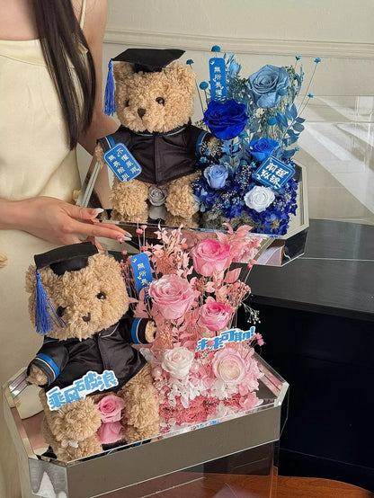 Cartoon Plush & Preserved Flower Gift Box Set — Graduation Season Bouquet & Plush Toy Gift, Birthday Present, or Party Favor