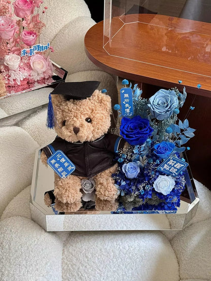 Cartoon Plush & Preserved Flower Gift Box Set — Graduation Season Bouquet & Plush Toy Gift, Birthday Present, or Party Favor