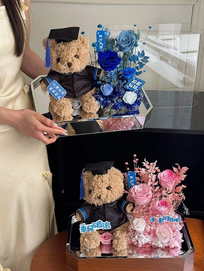 Cartoon Plush & Preserved Flower Gift Box Set — Graduation Season Bouquet & Plush Toy Gift, Birthday Present, or Party Favor