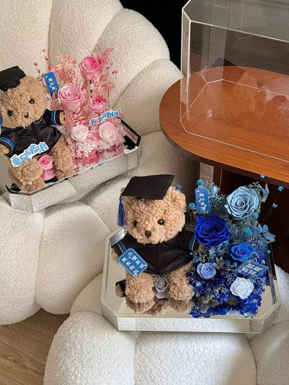 Cartoon Plush & Preserved Flower Gift Box Set — Graduation Season Bouquet & Plush Toy Gift, Birthday Present, or Party Favor