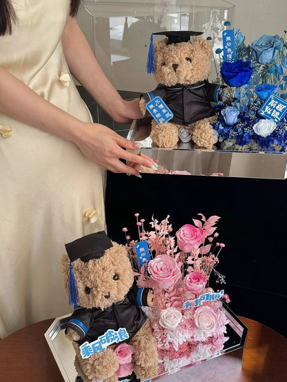 Cartoon Plush & Preserved Flower Gift Box Set — Graduation Season Bouquet & Plush Toy Gift, Birthday Present, or Party Favor