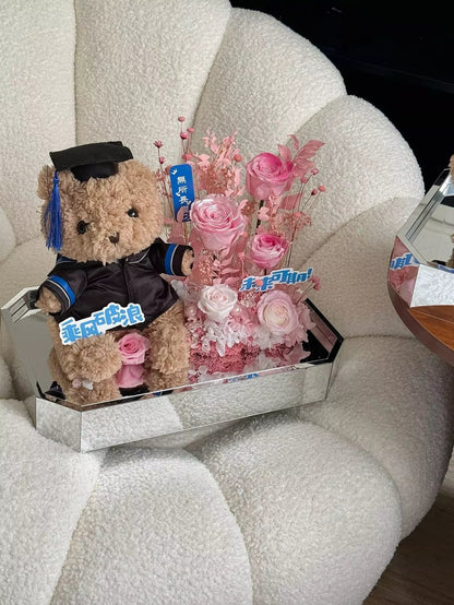 Cartoon Plush & Preserved Flower Gift Box Set — Graduation Season Bouquet & Plush Toy Gift, Birthday Present, or Party Favor