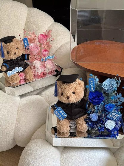 Cartoon Plush & Preserved Flower Gift Box Set — Graduation Season Bouquet & Plush Toy Gift, Birthday Present, or Party Favor
