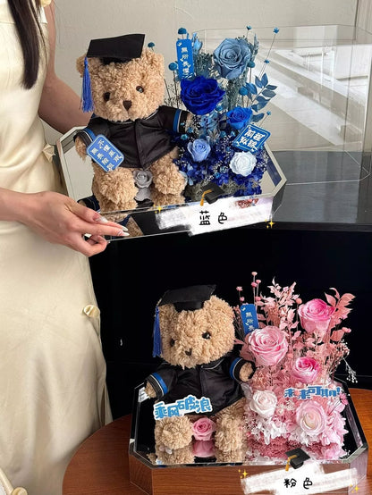 Cartoon Plush & Preserved Flower Gift Box Set — Graduation Season Bouquet & Plush Toy Gift, Birthday Present, or Party Favor