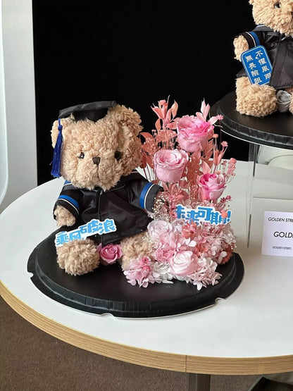 Creative Cartoon Preserved Flower Art Gift Box — Graduation Season Bouquet, Plush Toy, Birthday Gift, and Keepsake