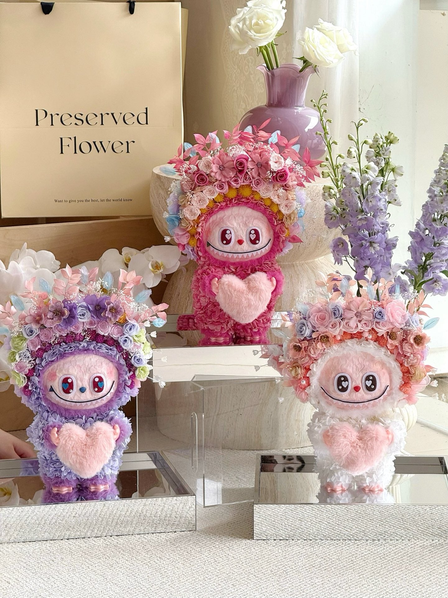 Preserved flower rose labubu doll real flower gift box high-end luxury birthday gift for children and girlfriend