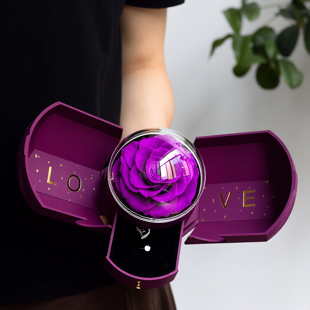 Romantic Preserved Rose Ring Box — Acrylic Proposal Ring Box Decoration