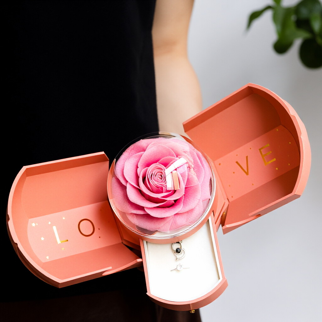 Romantic Preserved Rose Ring Box — Acrylic Proposal Ring Box Decoration