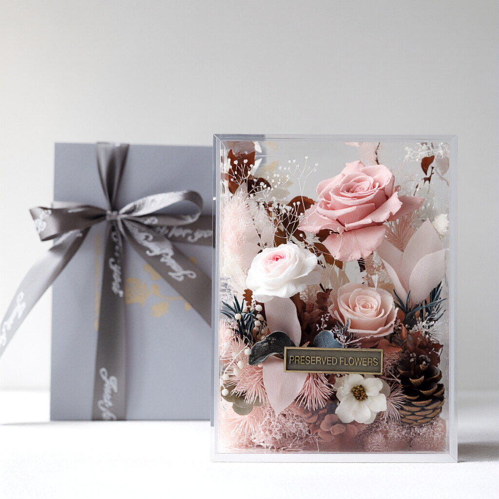Transparent Acrylic Box Floral Gift Set — Preserved Roses & Mixed Blooms — Ideal for Birthday and Anniversary Gift Boxes