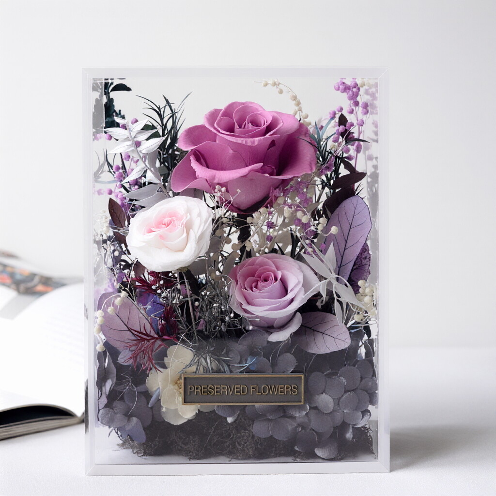 Transparent Acrylic Box Floral Gift Set — Preserved Roses & Mixed Blooms — Ideal for Birthday and Anniversary Gift Boxes
