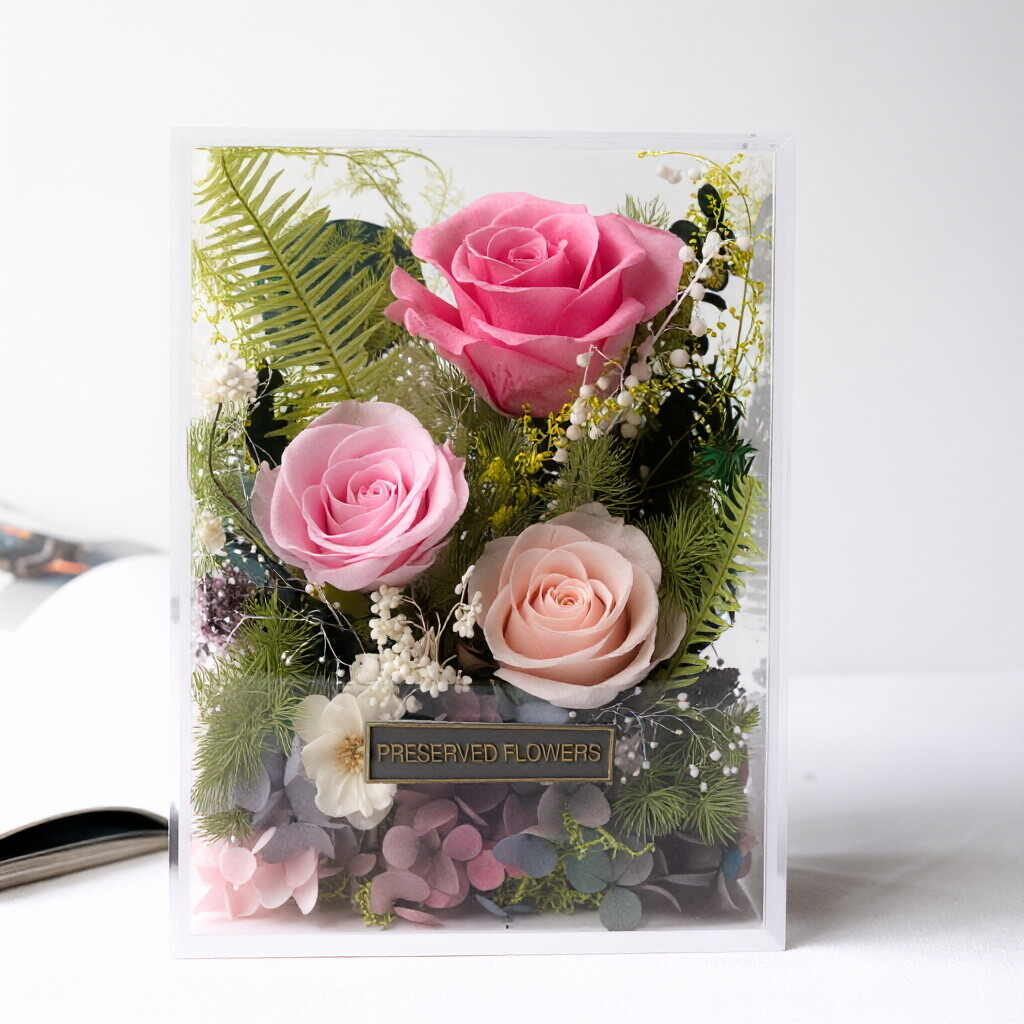 Transparent Acrylic Box Floral Gift Set — Preserved Roses & Mixed Blooms — Ideal for Birthday and Anniversary Gift Boxes
