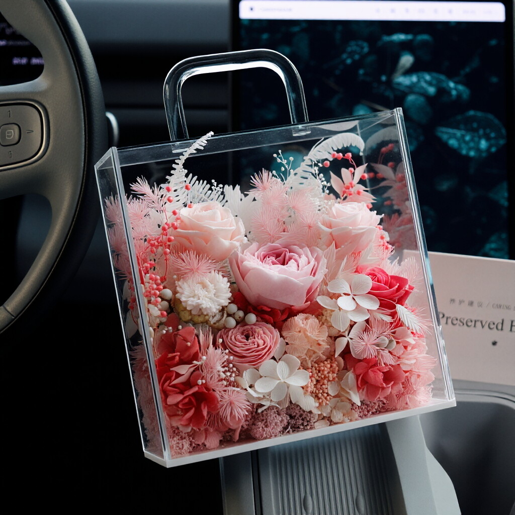 Portable Transparent Acrylic Box with Preserved Flower Arrangement — An Ideal Gift for Holiday Greetings and Birthdays