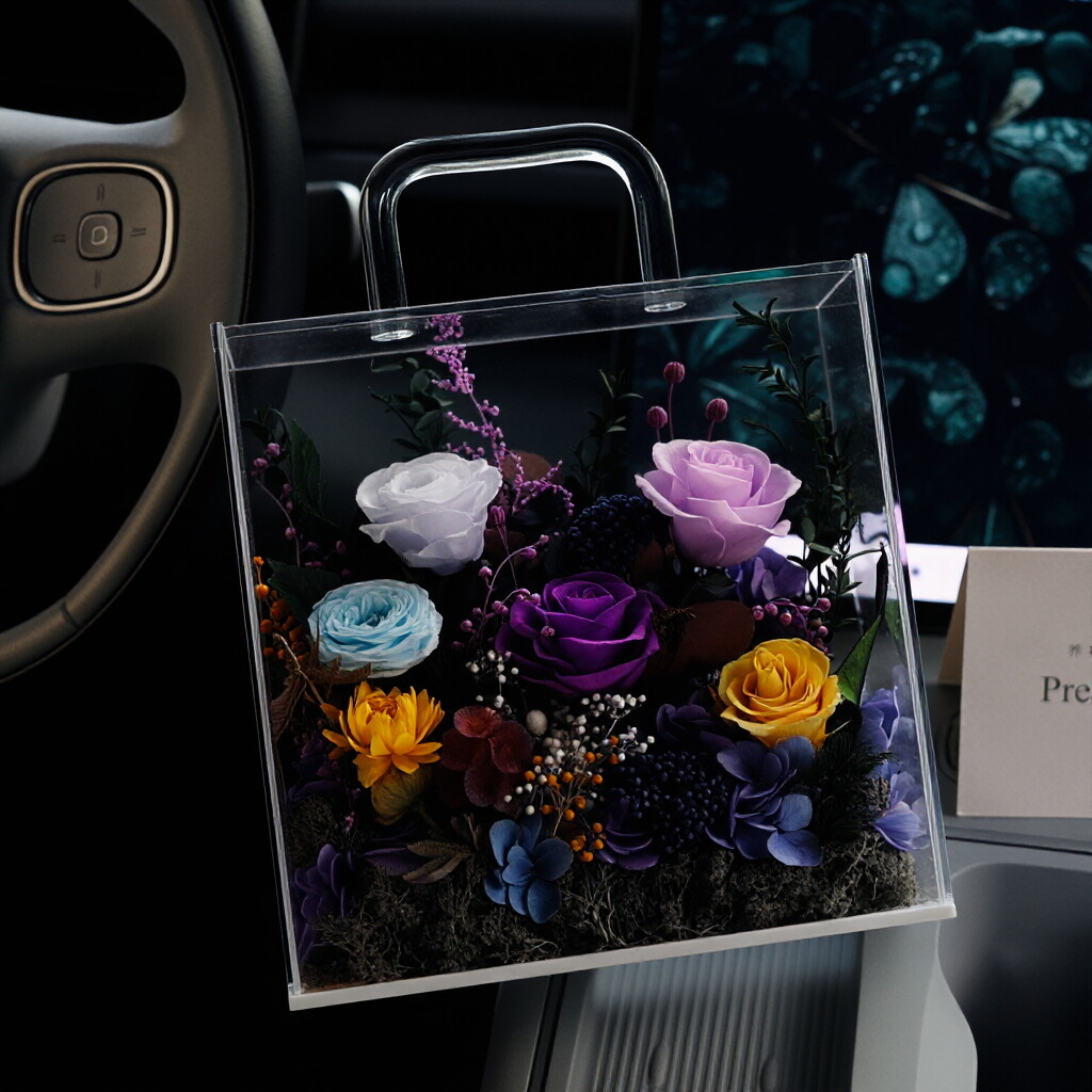 Portable Transparent Acrylic Box with Preserved Flower Arrangement — An Ideal Gift for Holiday Greetings and Birthdays