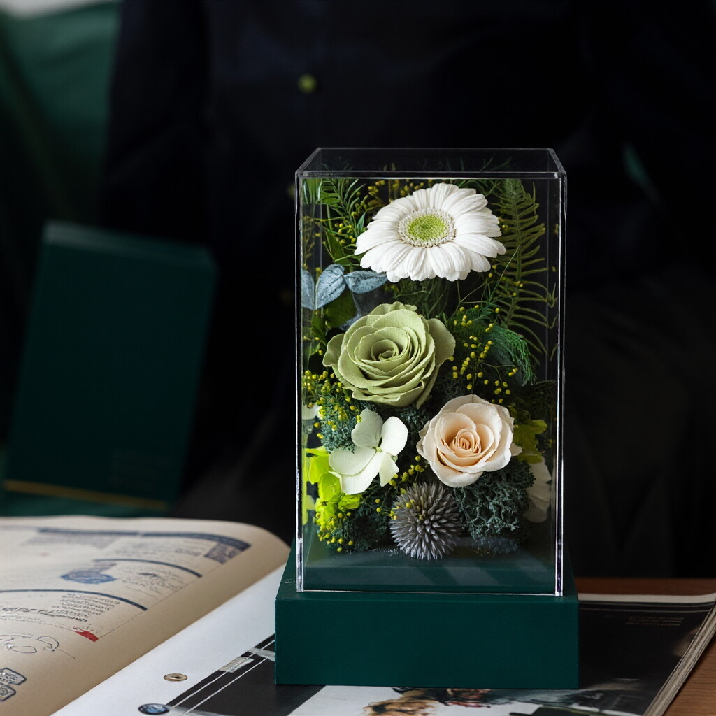 Exquisite Transparent Acrylic Box with Preserved Rose Floral Arrangement — Individually Packaged Gift Box, Ideal for Festive Greetings and Gifting