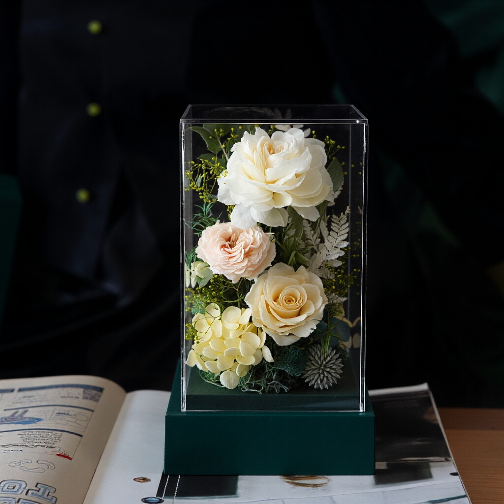 Exquisite Transparent Acrylic Box with Preserved Rose Floral Arrangement — Individually Packaged Gift Box, Ideal for Festive Greetings and Gifting