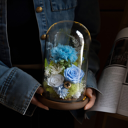 Preserved Flower Art Ornament in a Glass Dome — Featuring Carnations and Roses — An Exquisite Gift for Mothers and Teachers