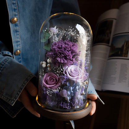 Preserved Flower Art Ornament in a Glass Dome — Featuring Carnations and Roses — An Exquisite Gift for Mothers and Teachers