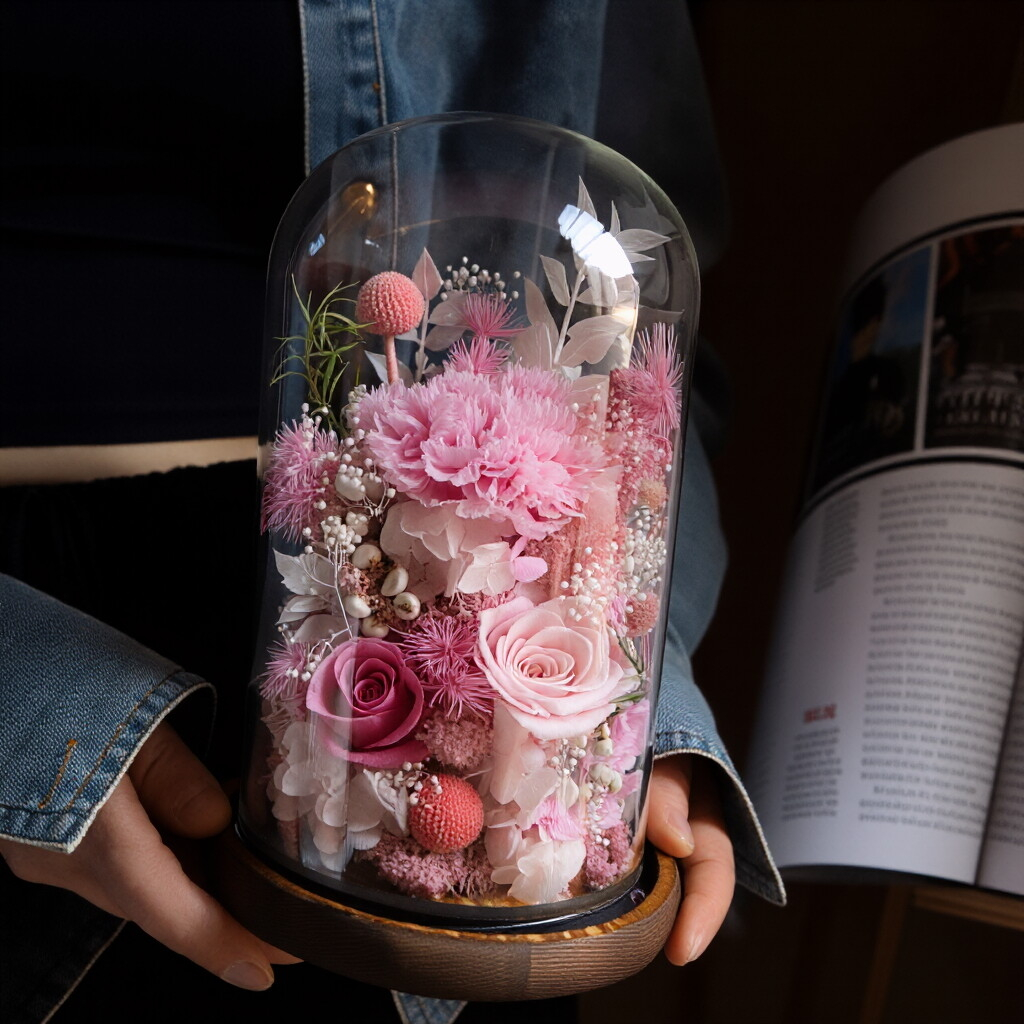 Preserved Flower Art Ornament in a Glass Dome — Featuring Carnations and Roses — An Exquisite Gift for Mothers and Teachers