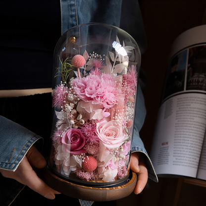Preserved Flower Art Ornament in a Glass Dome — Featuring Carnations and Roses — An Exquisite Gift for Mothers and Teachers