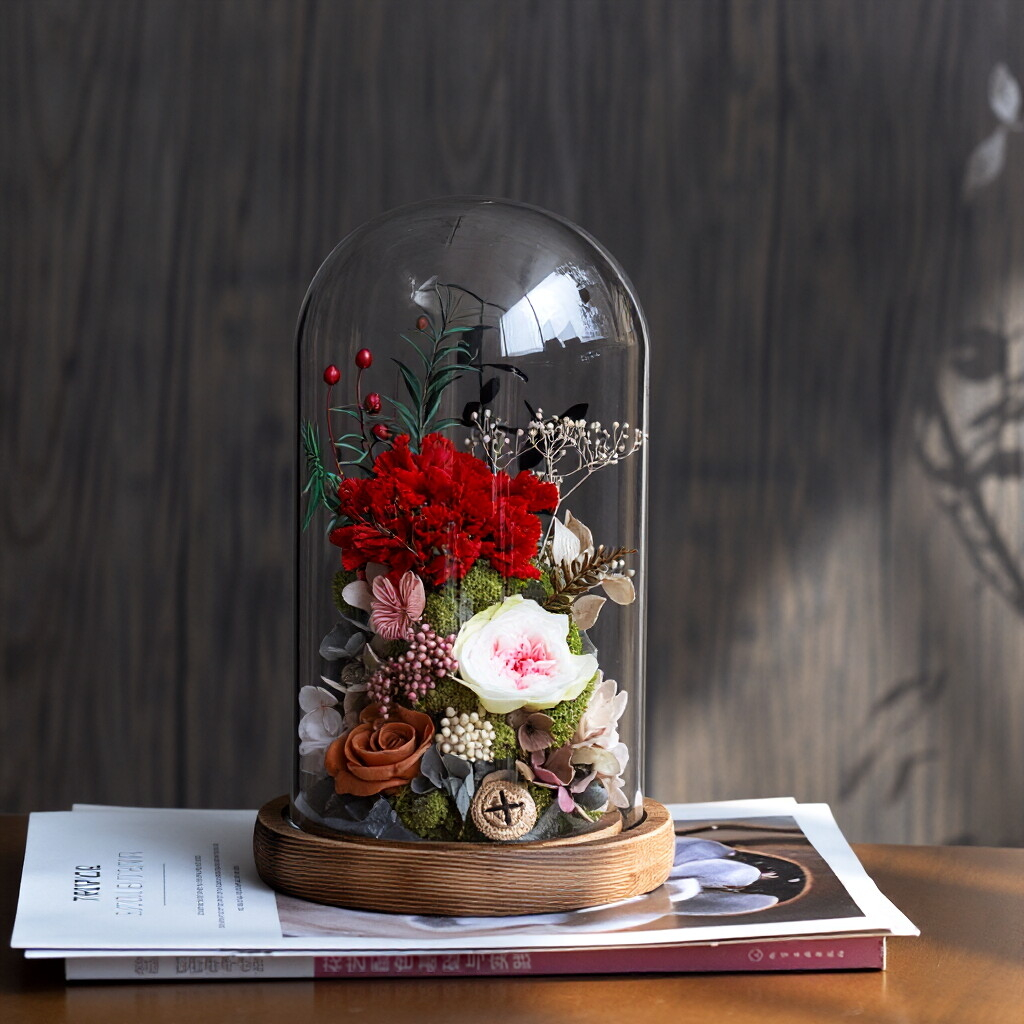 Preserved Flower Art Ornament in a Glass Dome — Featuring Carnations and Roses — An Exquisite Gift for Mothers and Teachers