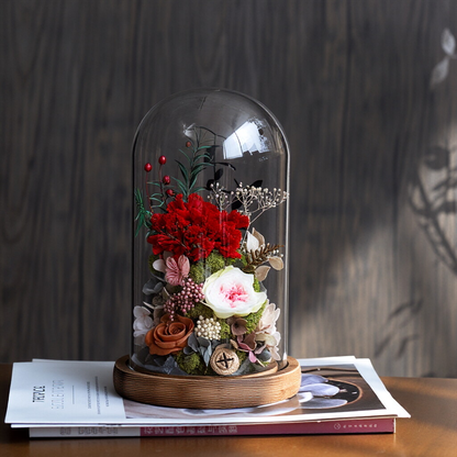 Preserved Flower Art Ornament in a Glass Dome — Featuring Carnations and Roses — An Exquisite Gift for Mothers and Teachers