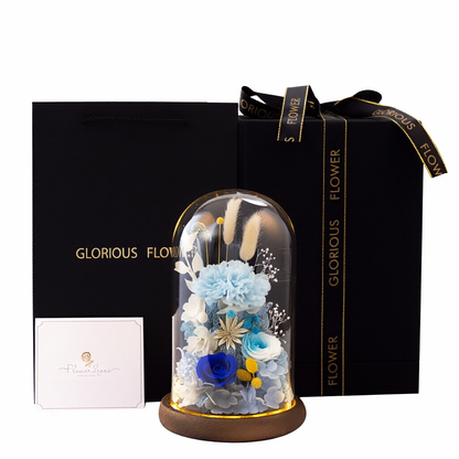 Preserved Flower Art Ornament in a Glass Dome — Featuring Carnations and Roses — An Exquisite Gift for Mothers and Teachers