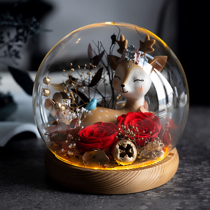 Preserved Rose & Fawn Glass Dome Ornament — Heartwarming Desktop Decor, Exquisite Keepsake Gift for Best Friends, Moms, and Holidays