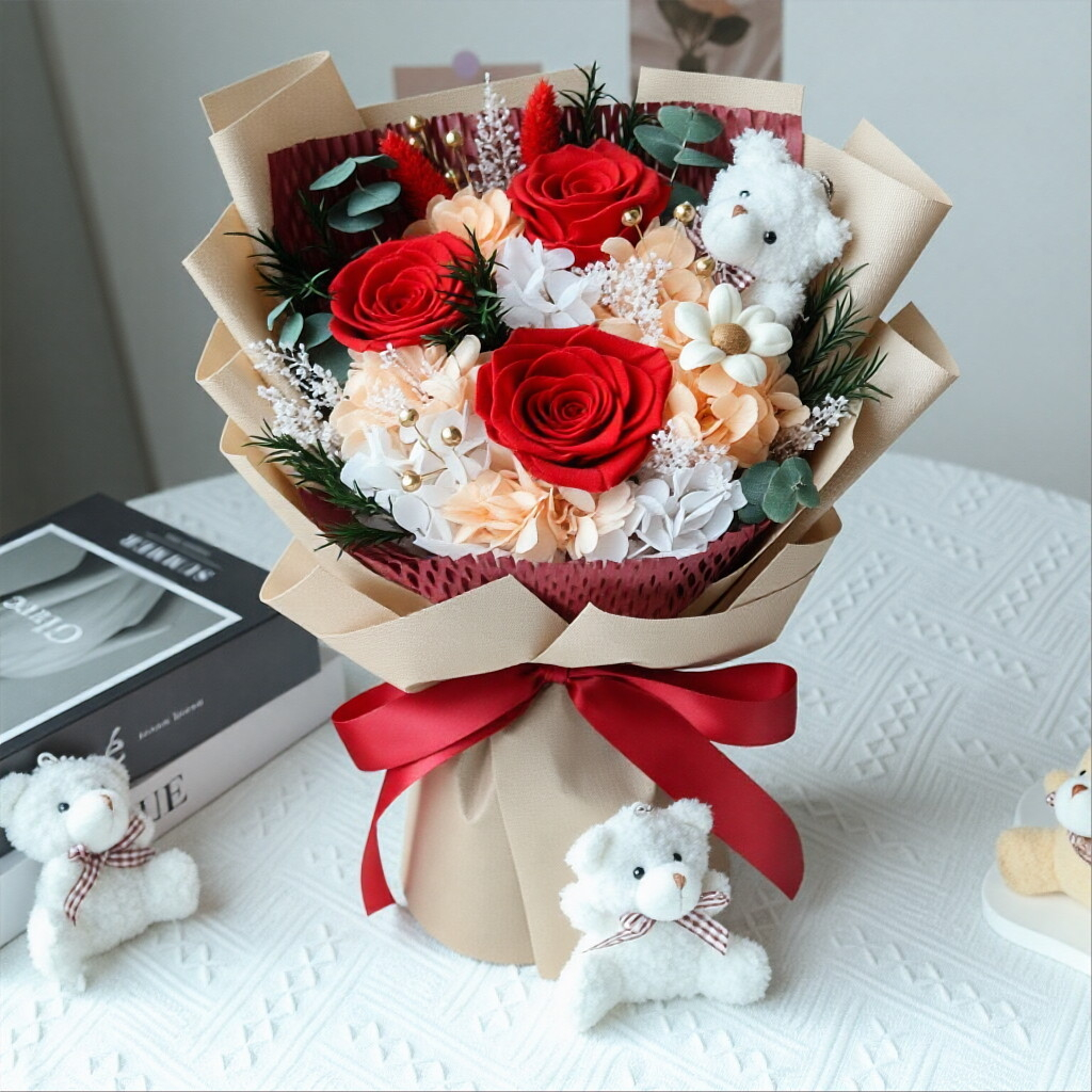 Creative Gift Box with Preserved Flowers and Cartoon Plush — Individually Packaged — Rose Bouquet for Mother's Day, Birthdays, or Valentine's Day