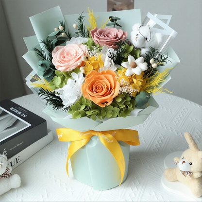 Creative Gift Box with Preserved Flowers and Cartoon Plush — Individually Packaged — Rose Bouquet for Mother's Day, Birthdays, or Valentine's Day