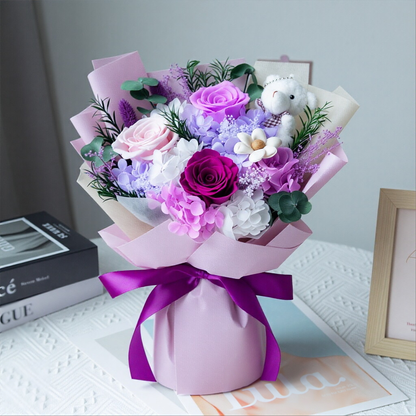 Creative Gift Box with Preserved Flowers and Cartoon Plush — Individually Packaged — Rose Bouquet for Mother's Day, Birthdays, or Valentine's Day