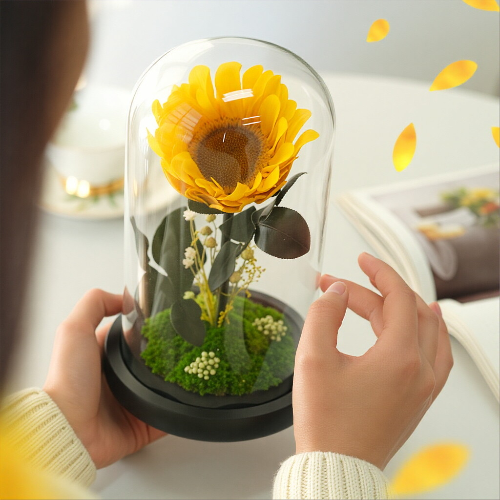 Creative Preserved Flower Art Ornament: Sunflower in Glass Dome Gift Box — An Artistic Choice for Gifting Elders on Mother's Day