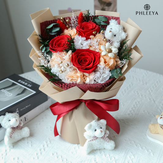 Miniature Bear-Shaped Preserved Flower Bouquet with Roses, Gift Box, Mother's Day Birthday Gift, Valentine's Day Dried Flower Bouquet