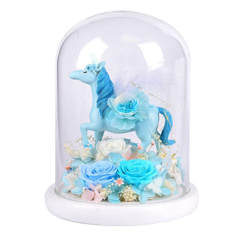 Preserved rose unicorn glass dome - a Valentine's Day gift for your girlfriend, a birthday gift, dried flowers that never wither.