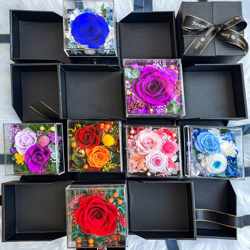 Premium Preserved Rose Gift Box — Drawer-Style, Double-Opening Jewelry Case & Proposal Gift Box