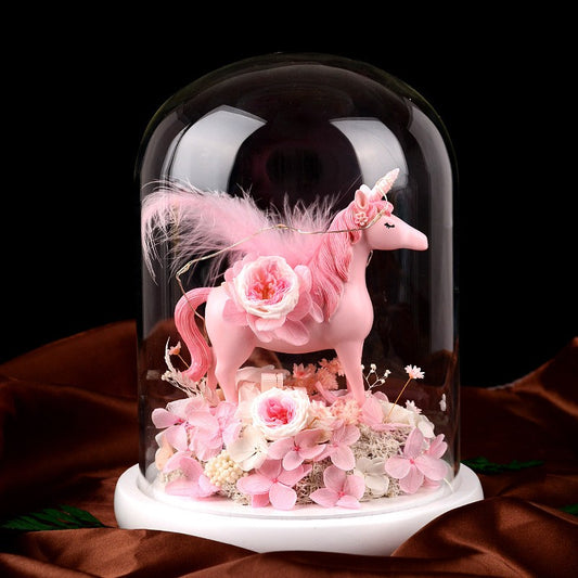 Preserved rose unicorn glass dome - a Valentine's Day gift for your girlfriend, a birthday gift, dried flowers that never wither.