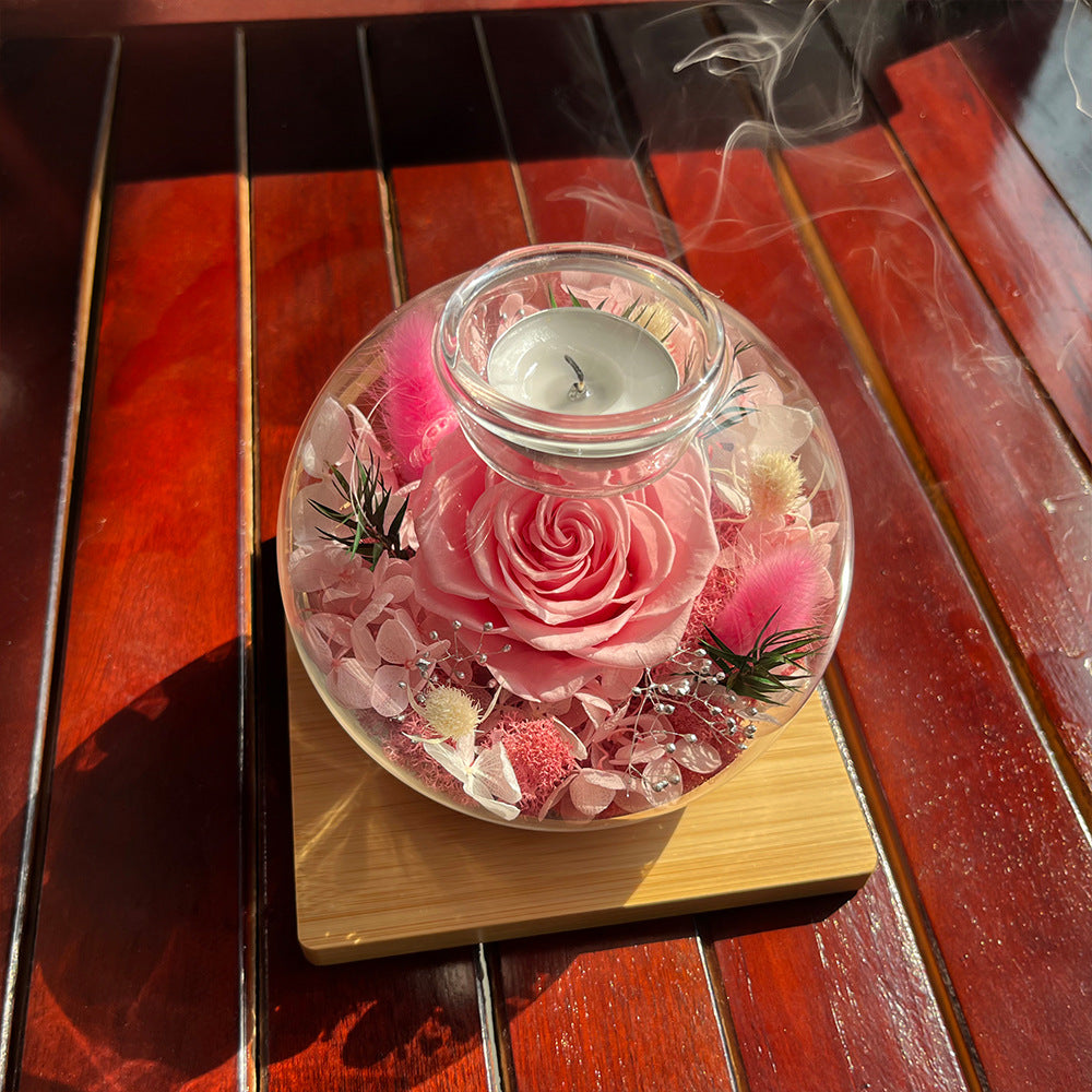 Preserved Flower Scented Candle — Rose in Glass Dome & Message Bottle — Home Decor & Ambiance Accent