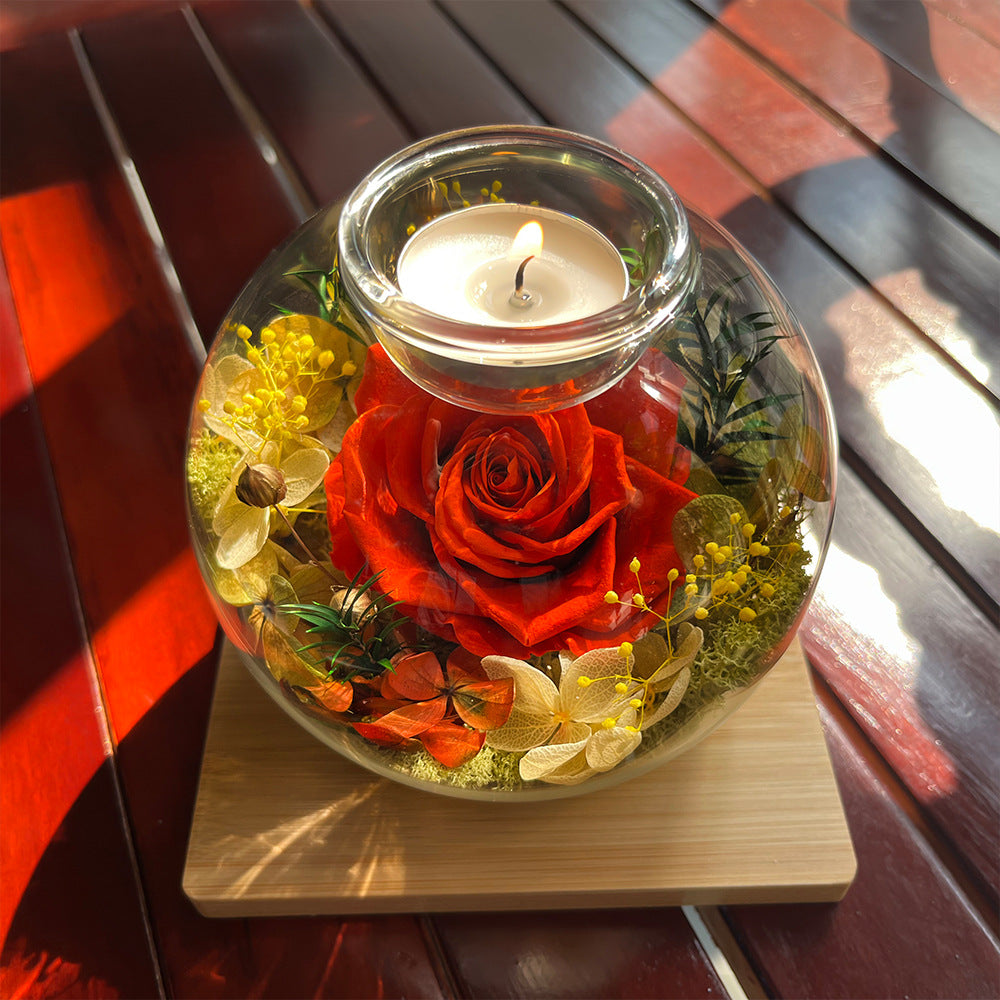 Preserved Flower Scented Candle — Rose in Glass Dome & Message Bottle — Home Decor & Ambiance Accent